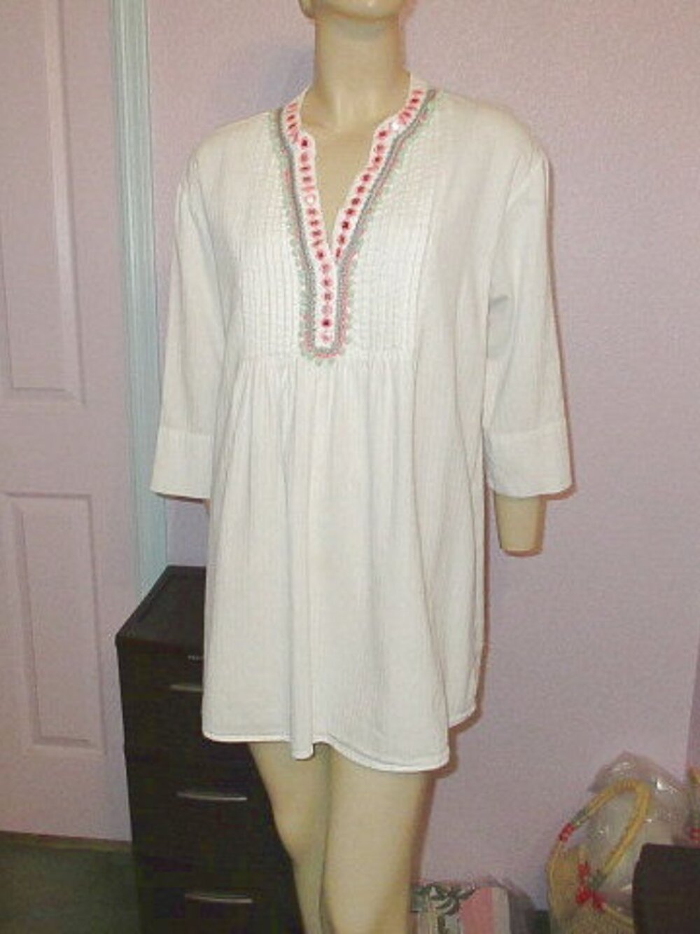Nvelop Embroidered Blouse Top Size L Cotton Gauze Pom Pom UV Pintuck Boho Beach